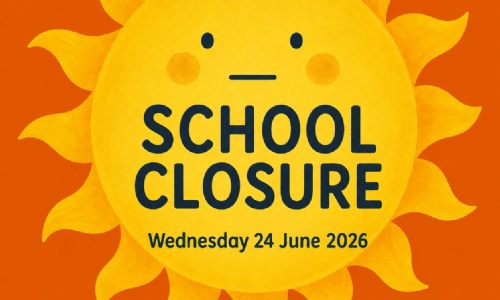 Picture of the sun on an orange back ground with the words School closure Wednesday 24 June 2026